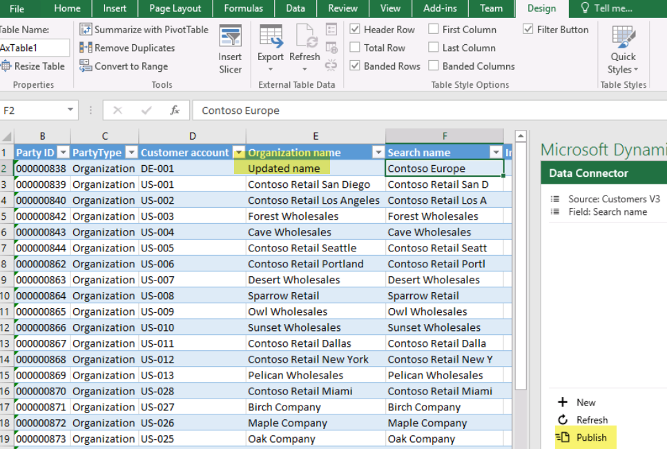 Spreadsheet with a changed name and Publish highlighted on the right