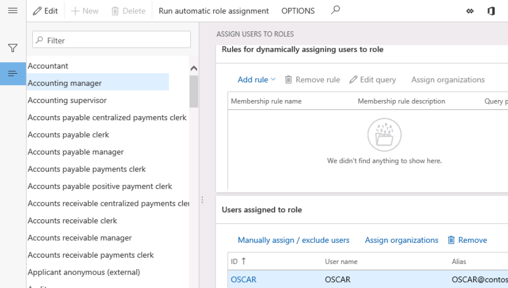 Accounting manager has user Oscar assigned to the role