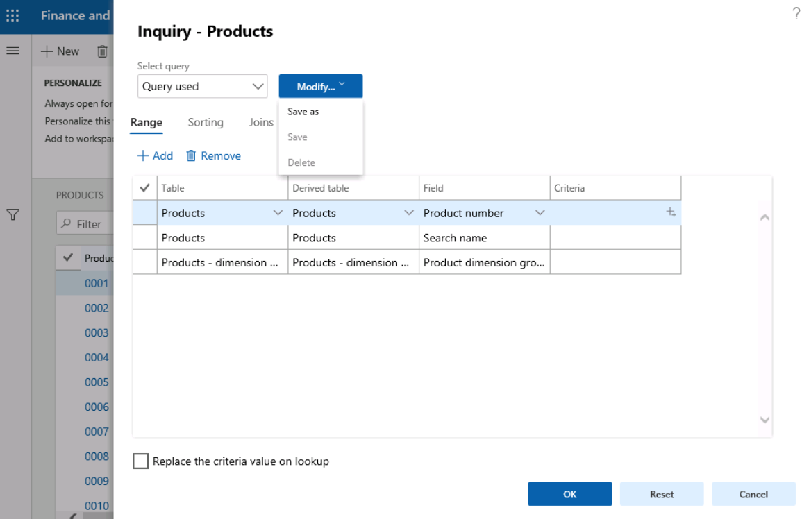 Inquiry screen showing tabs range, sorting, and joins