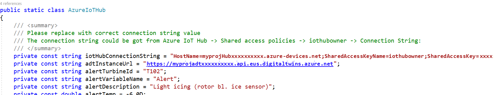 Screenshot of the Device Simulator solution with the Azure IoT Hub cs file open and host name and instance URL values added.