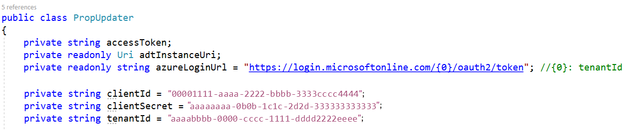 Screenshot of the Device Simulator solution with the PropUpdater.cs file open and client, secret, and tenant ID values added.