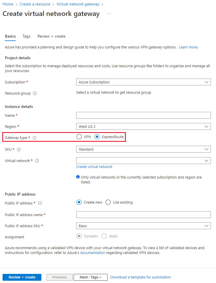 Screenshot of creating a virtual network gateway with the gateway type set to ExpressRoute.