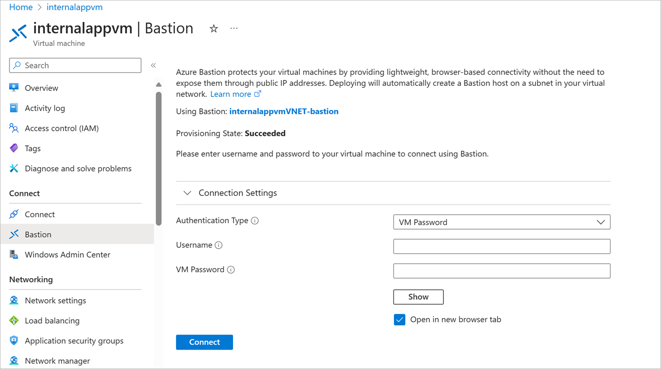 Screenshot of the Connect using Azure Bastion page with prompt for username and authentication type.