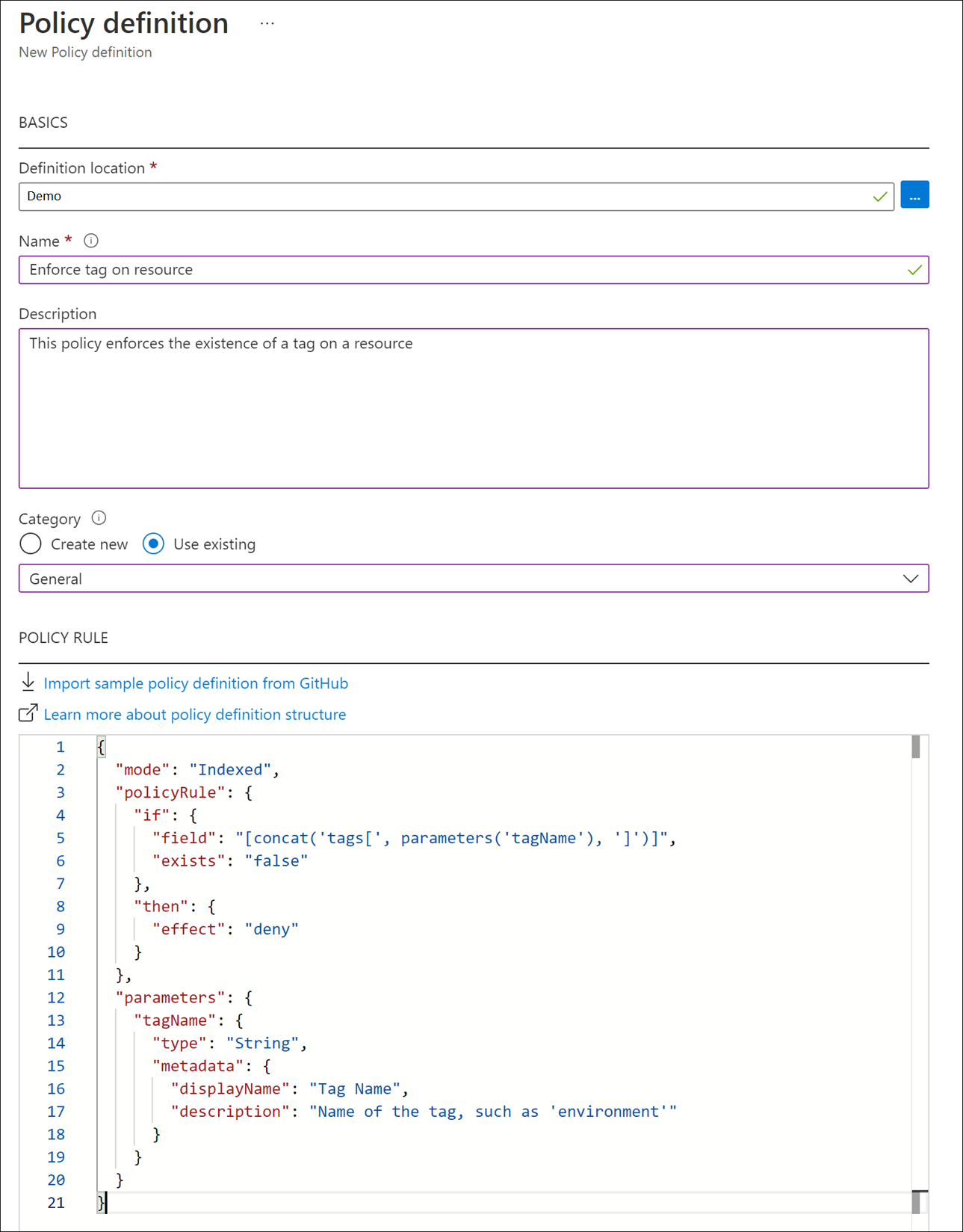 Screenshot of Azure portal showing the new policy definition dialog.