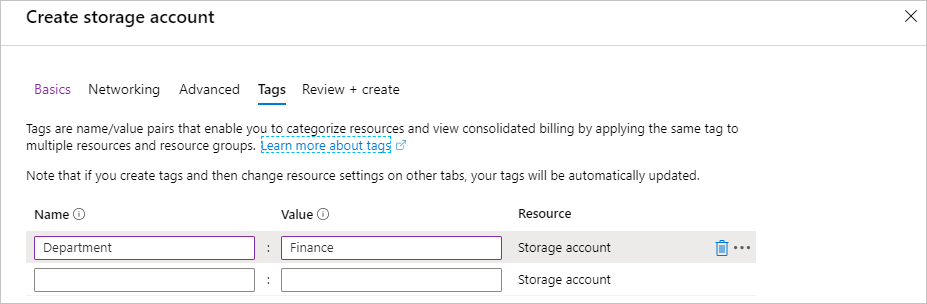 Screenshot of Azure portal showing a new Department tag to add during creation.