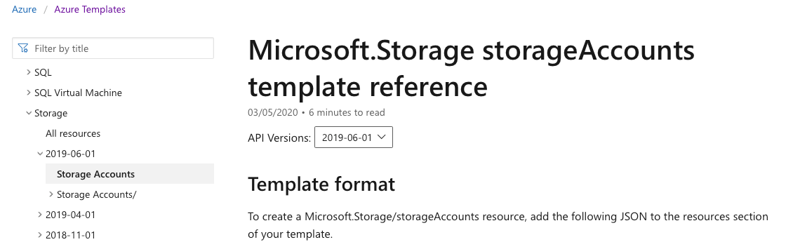 Screenshot of a Microsoft documentation page showing the storage account documentation selected.