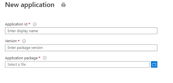 Screenshot of the page for creating an application package in the Azure portal.