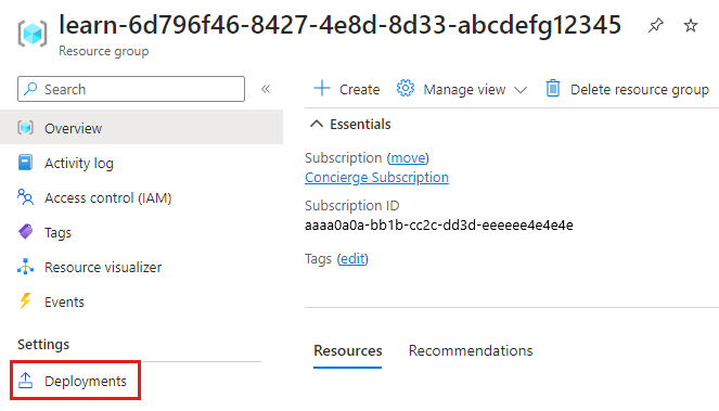 Screenshot of the Azure portal that shows the resource group, with the Deployments menu item highlighted.