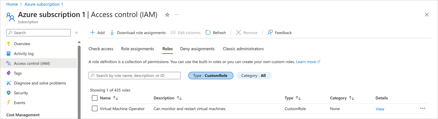 Screenshot that shows custom roles selected from drop-down list.