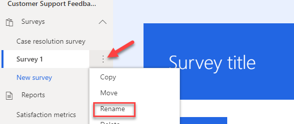 Screenshot of the ellipsis button next to Survey 1 selected and the Rename option highlighted.