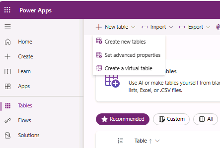 Screenshot of creating a new table in Dataverse.