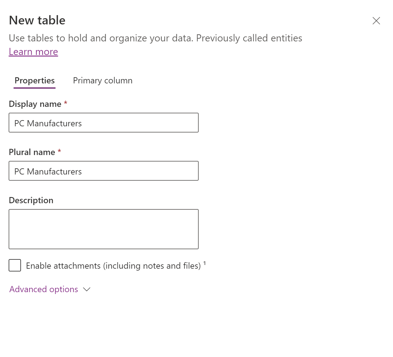 Screenshot of New table values with Create button.