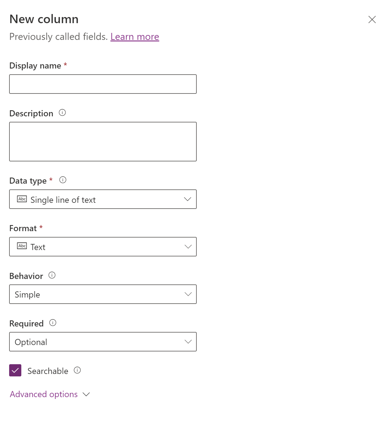 Screenshot of the column properties in the Create column dialog box.