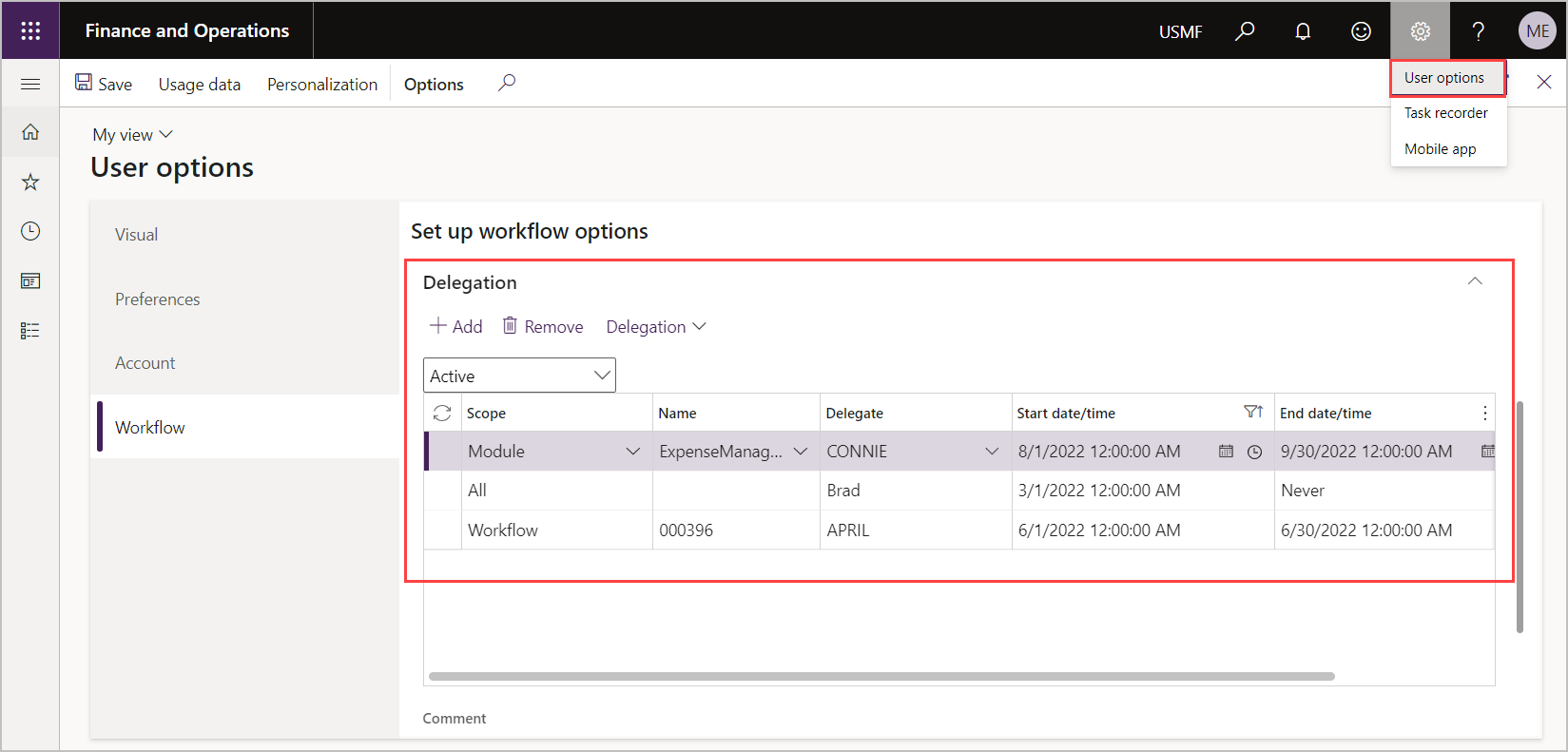 Screenshot of the User options page, and the Set up workflow options FastTab.