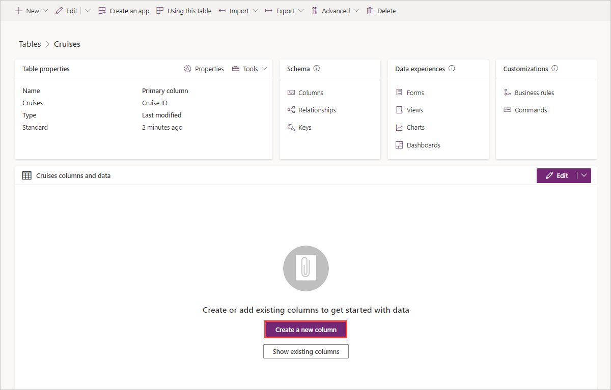 Screenshot of Cruises Tables screen with the create a new column button selected.