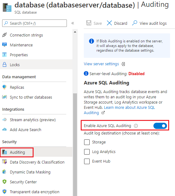 Screenshot that shows how to turn on auditing for Azure SQL databases.