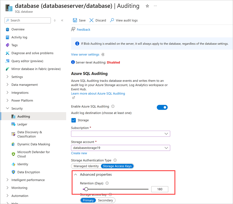 Screenshot that shows the SQL databases Auditing pane.