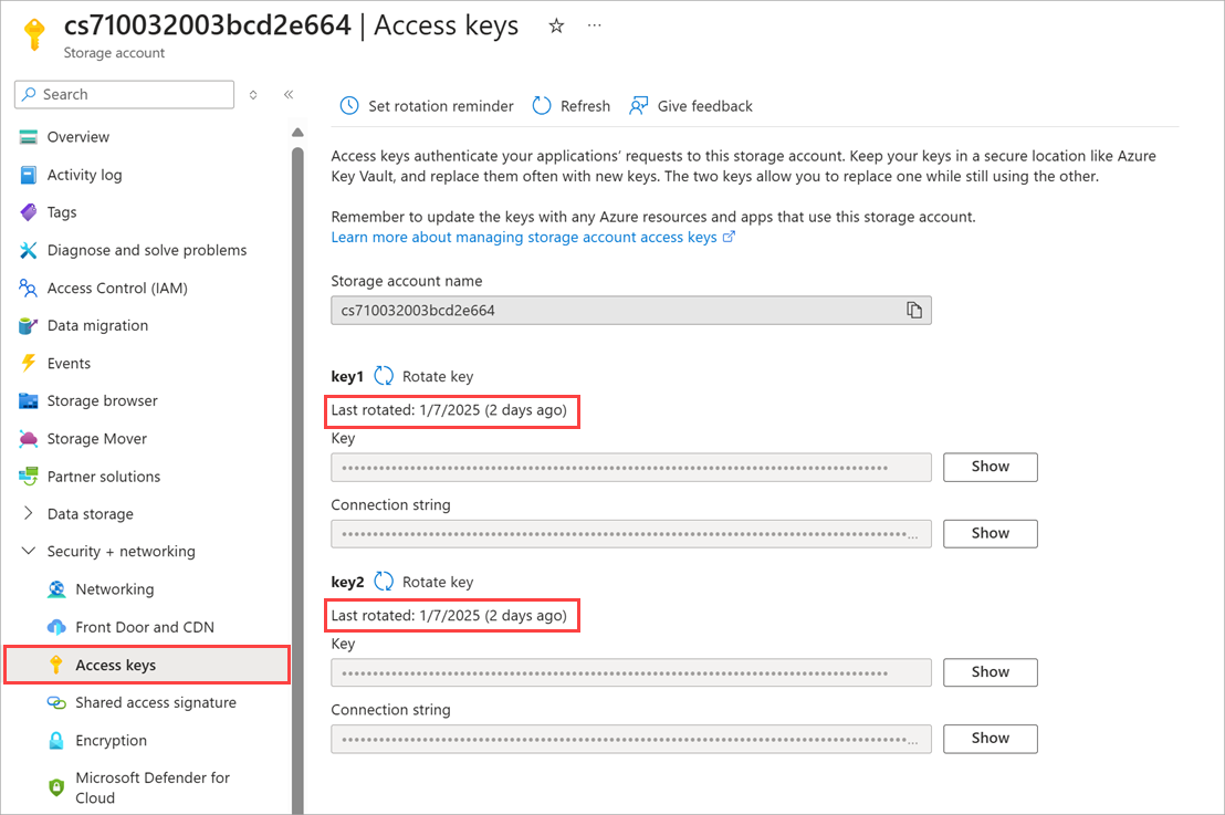 Screenshot that shows the last rotated date for storage account keys.