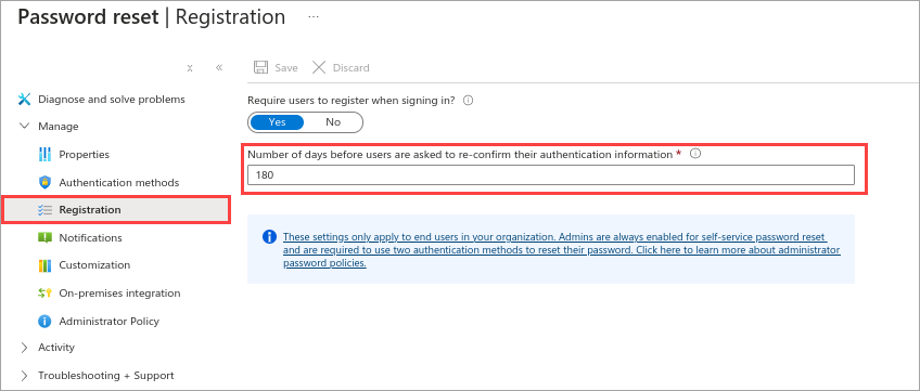 Screenshot of the Azure portal that shows the form for number of days to reconfirm authentication information.