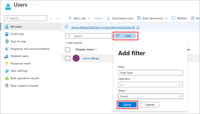 Screenshot of the Azure portal that shows Microsoft Entra ID filtering for guest users.