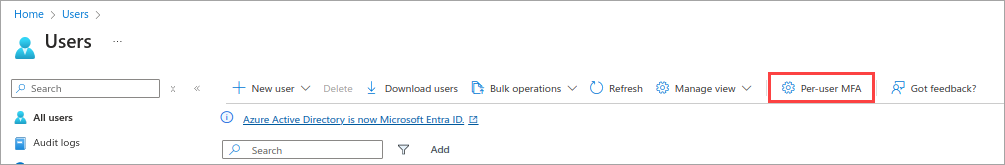 Screenshot that shows the multifactor authentication option in the Microsoft Entra pane of the Azure portal.