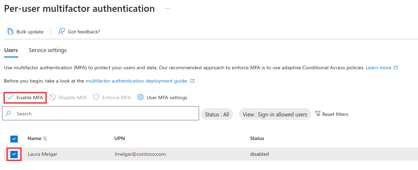 Screenshot that shows how to turn on multifactor authentication for a user by using the quick steps link.