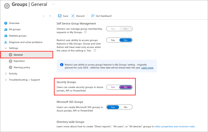 Screenshot that shows the Groups General settings pane, with the Users can create security groups option set to No.