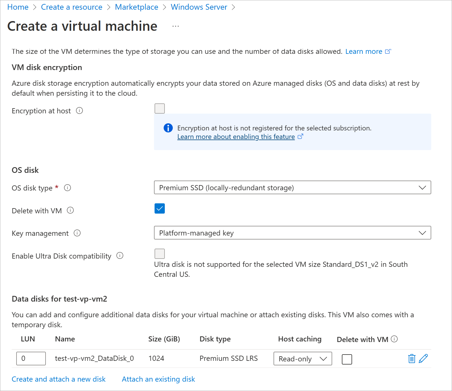 Screenshot showing the configure disks section for the VM.