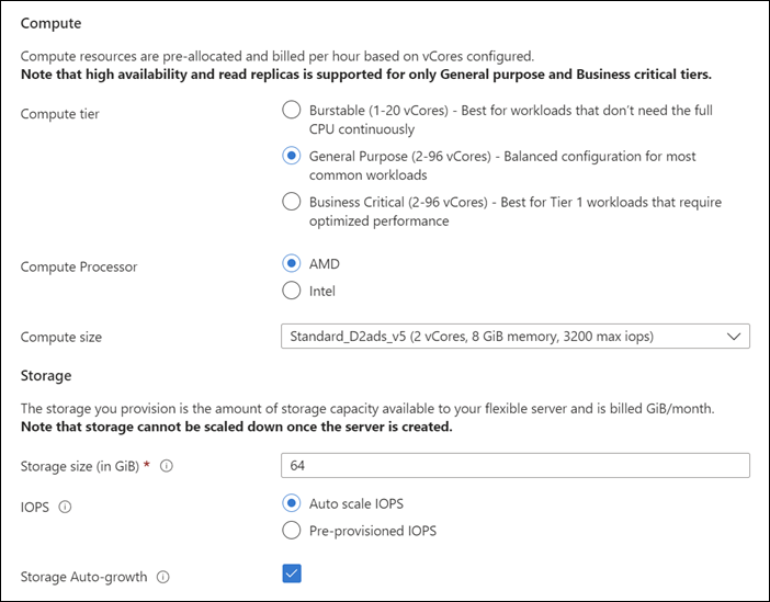 Screenshot of the Compute and Storage sections of the Compute + Storage Azure portal Flexible Server deployment page.