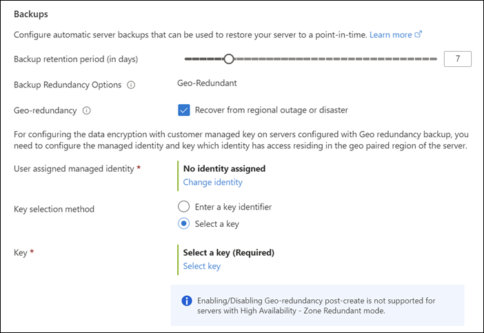 Screenshot of the High availability and Backups sections of the Compute + Storage Azure portal Flexible Server deployment page.