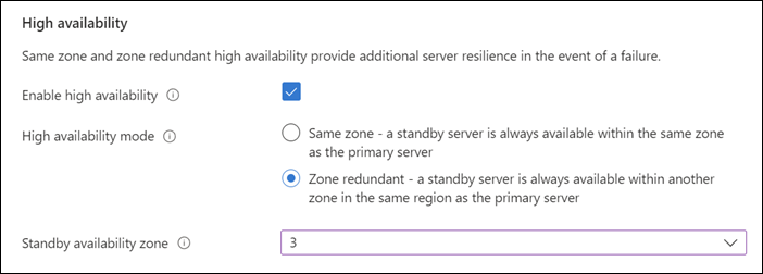 Screenshot of the High availability section of the Basics Azure portal Flexible Server deployment page.