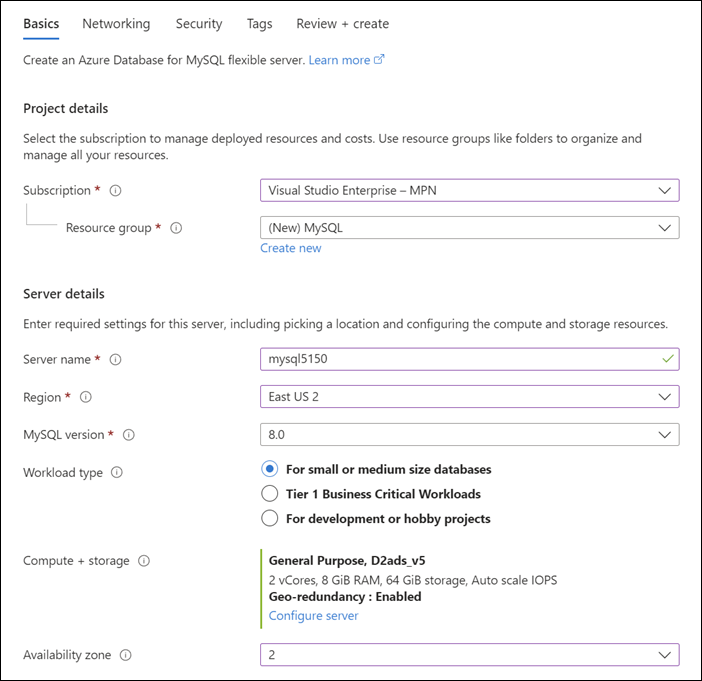 Screenshot of the Project and Server details sections of the Basics Azure portal Flexible Server deployment page.