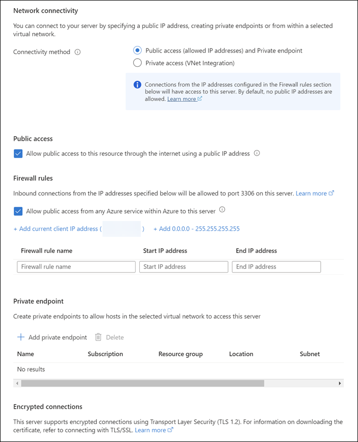 Screenshot of the Network connectivity tab displaying the options for the connectivity method, firewall rules, and more.