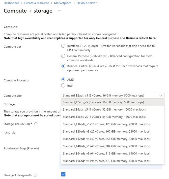 Screenshot of the Compute section of the Compute+storage page displaying the Memory Optimized compute tier's compute sizes options.