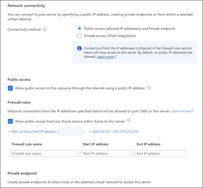 Screenshot of the Networking tab of displaying the networking settings for a new Azure Database for MySQL server.