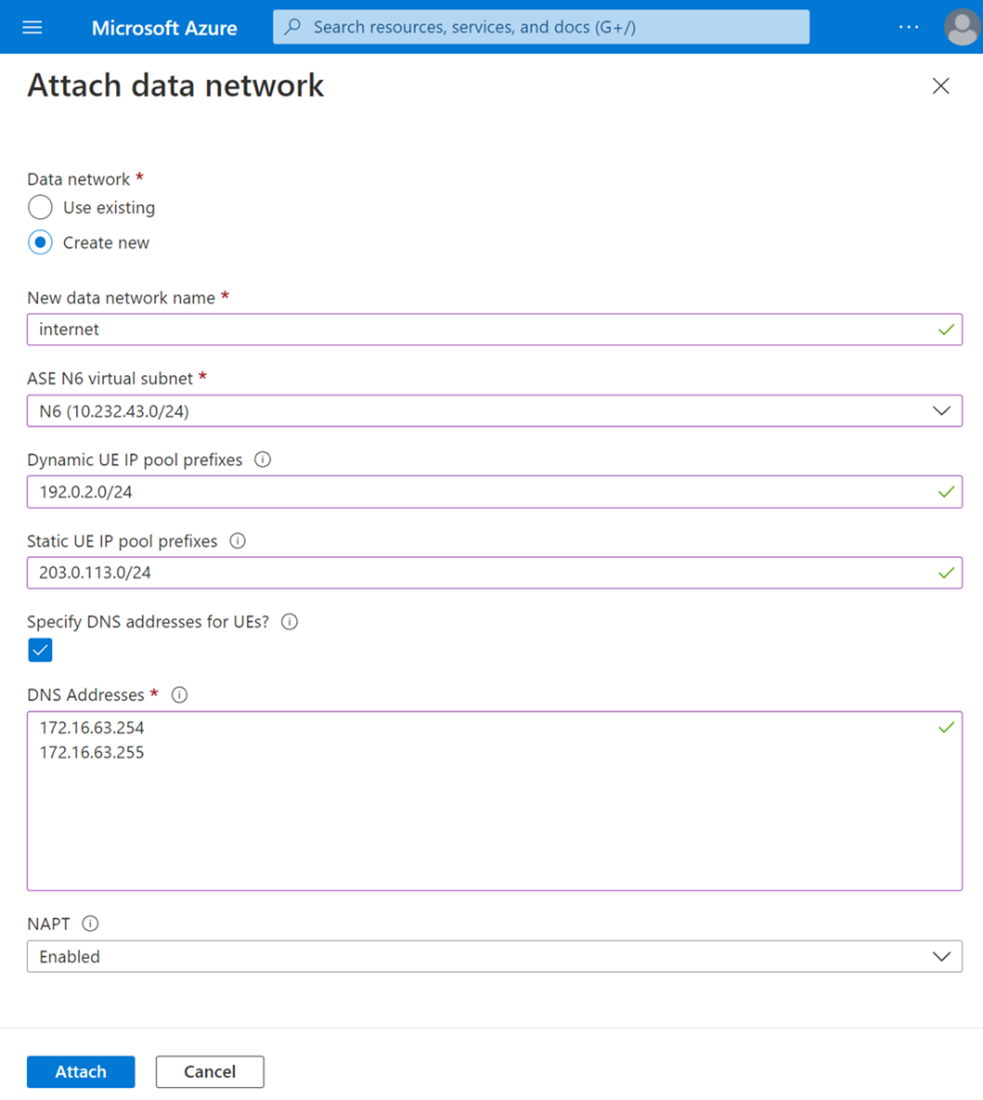 This screen displays the attached data networks section in the site creation page.