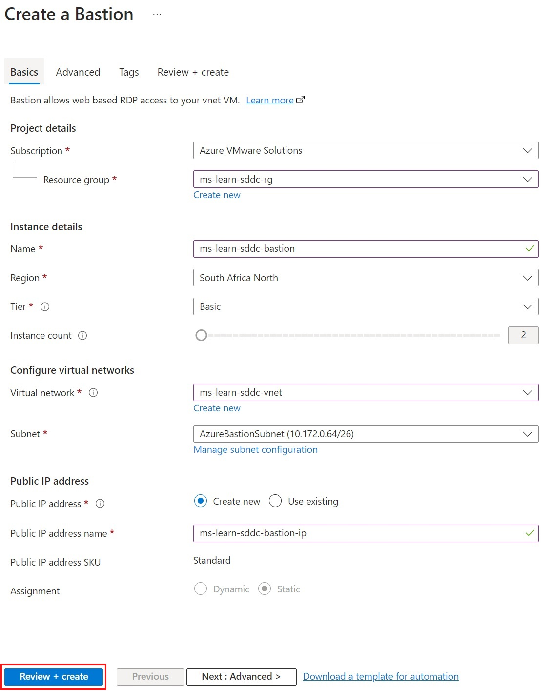 Screenshot of the Azure portal showing how to create an Azure Bastion host, with fields containing example values.