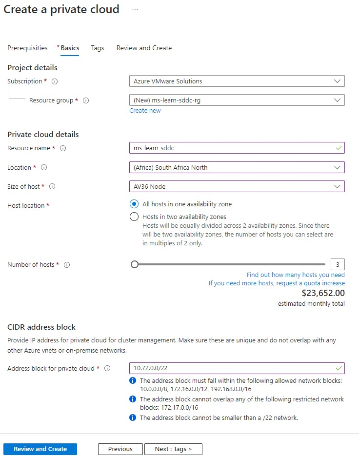 Screenshot of the Azure portal showing how to create an Azure VMware Solution private cloud with all required fields for deployment.