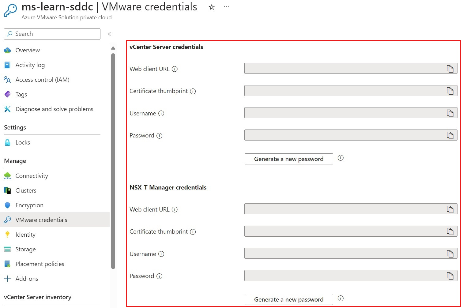 Screenshot of the Azure portal page, showing where login credentials are displayed after Azure VMware Solution has been deployed.