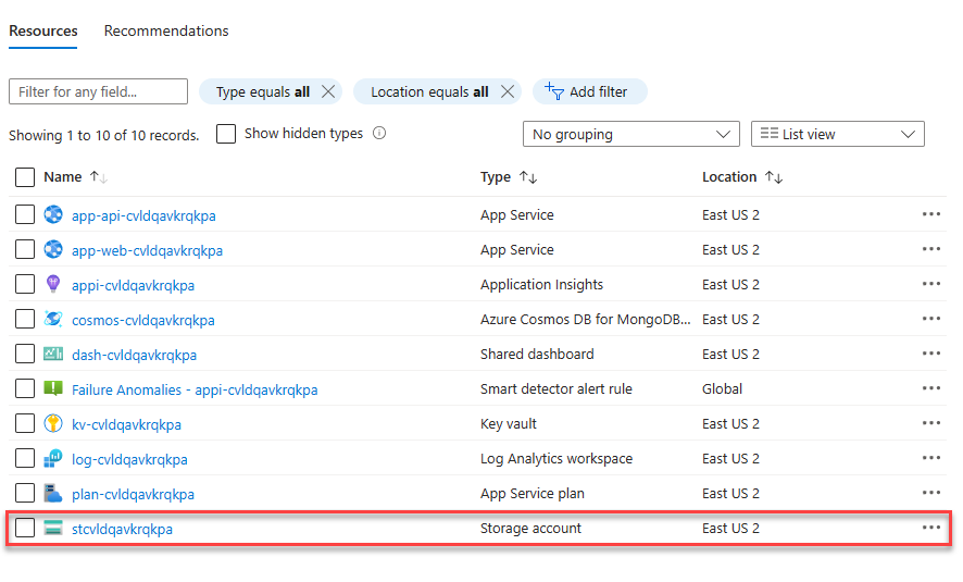 A screenshot showing the deployed storage account.