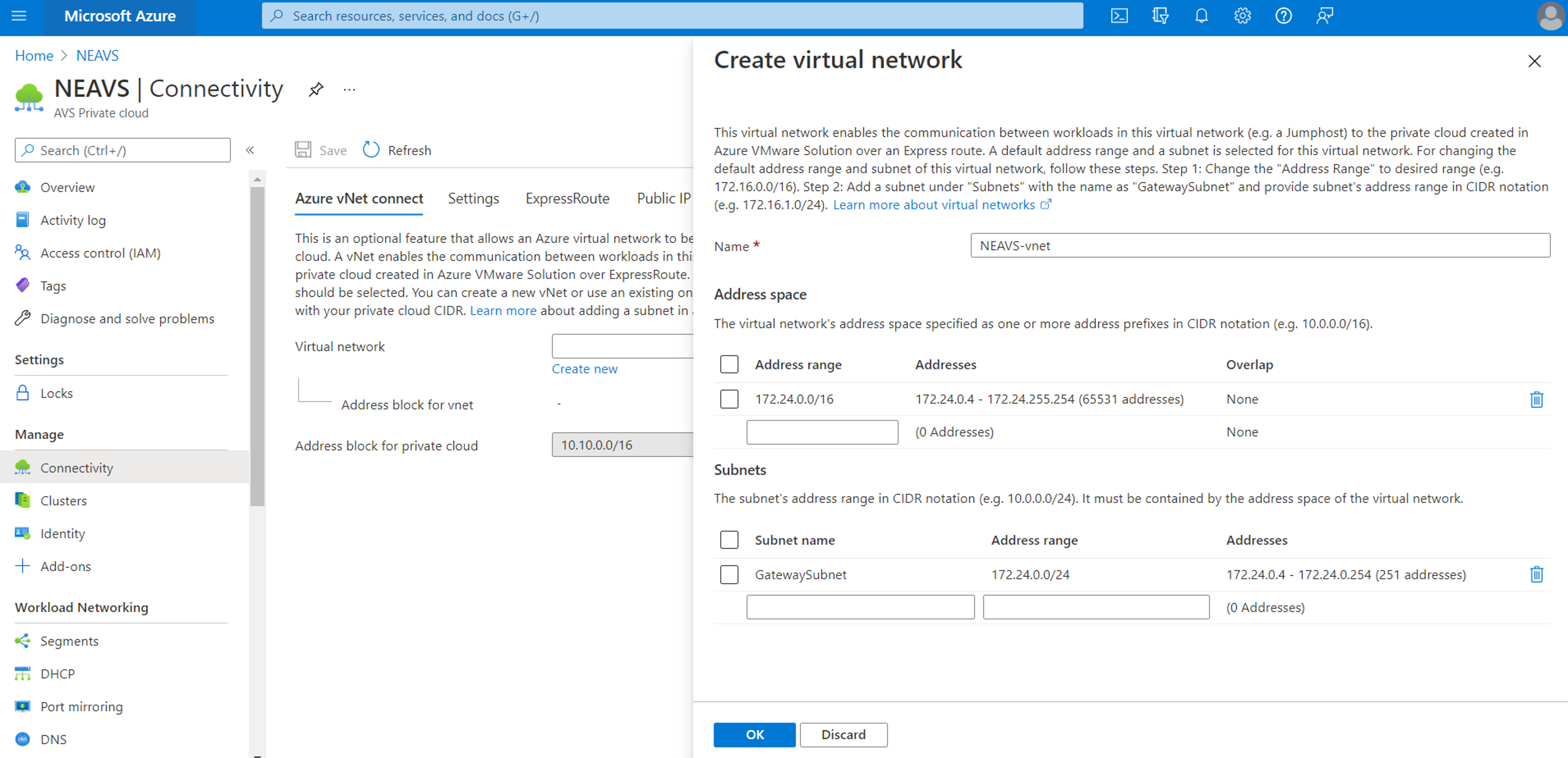 Screenshot of the Create virtual network tab in Azure VMware Solution.