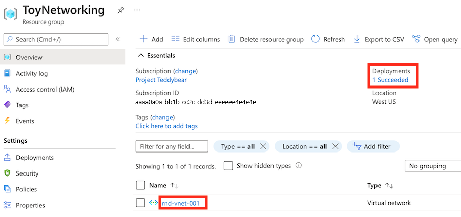 Screenshot of the Azure portal, showing the ToyNetworking resource group.