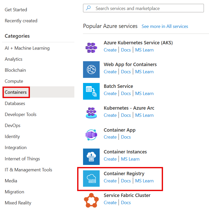 Screenshot that shows the New pane in Azure portal showing the Container options available in Azure Marketplace.