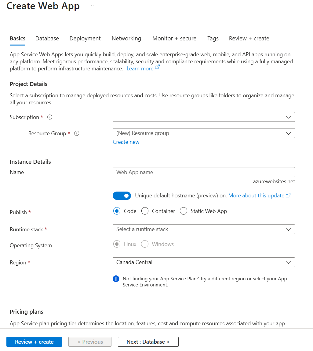 Screenshot that shows the Azure Marketplace with Web App selected.