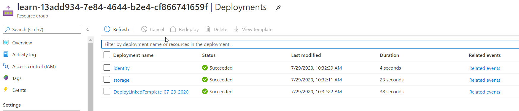 Azure portal interface for the specific deployment with no resources listed.