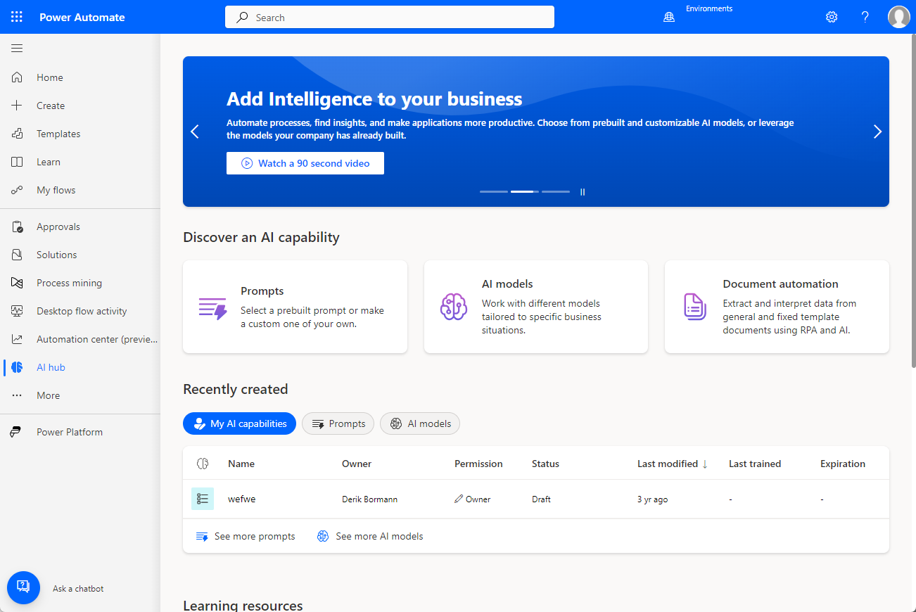 Screenshot of the AI Builder home page that also shows template solutions.