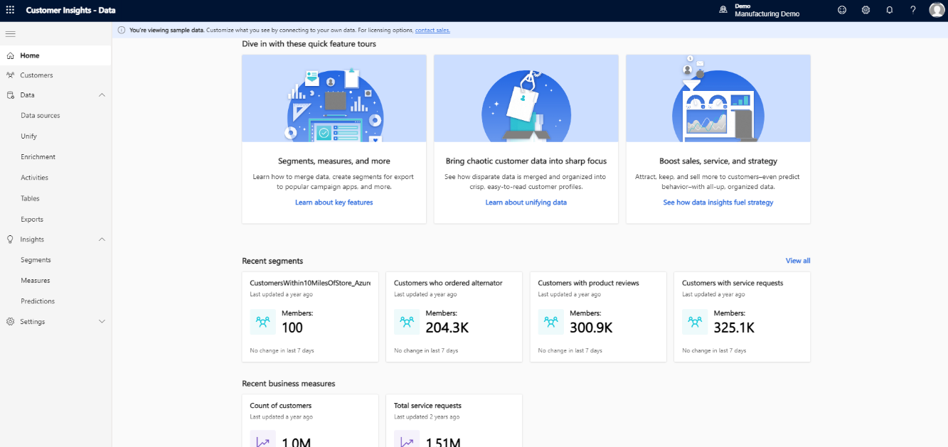 Screenshot that shows the Customer Insights - Data home screen.