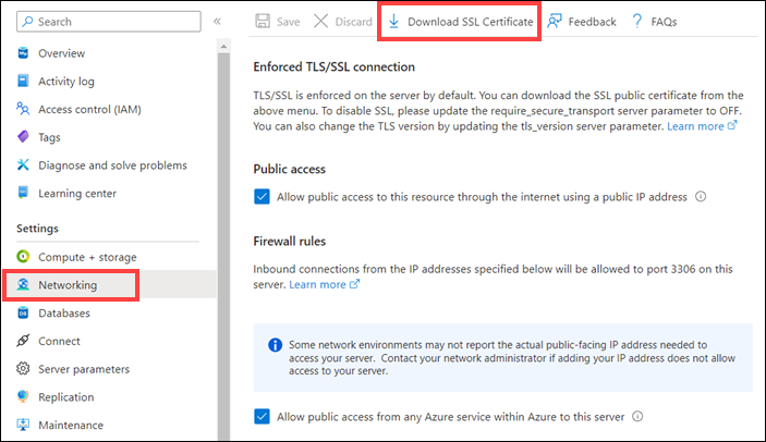 Screenshot showing Azure Database for MySQL Networking blade on Azure portal.