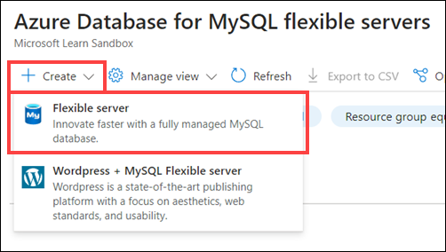 Screenshot of the expanded Create menu with the Flexible server menu item highlighted.