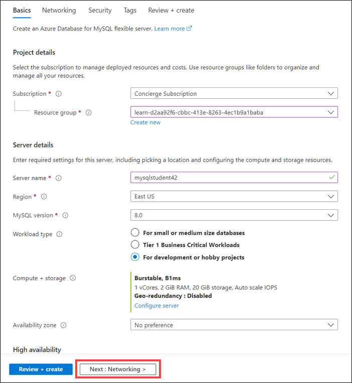 Screenshot showing Flexible Server create blade, with red box around Networking tab.